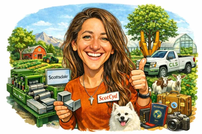 Cartoon-style illustration of Cydney Skeens with ScotCyd branding, steel framing equipment, and travel gear